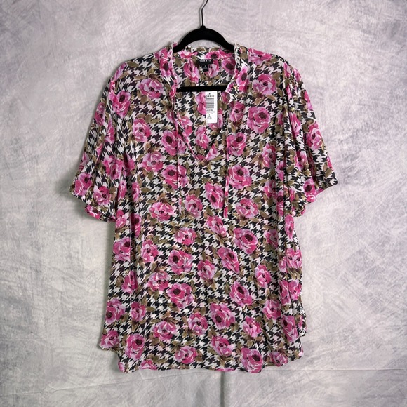 Torrid Top sz 3X Puff Short Sleeve Blouse Herringbone Roses Plaid romantic NWT - Picture 1 of 9